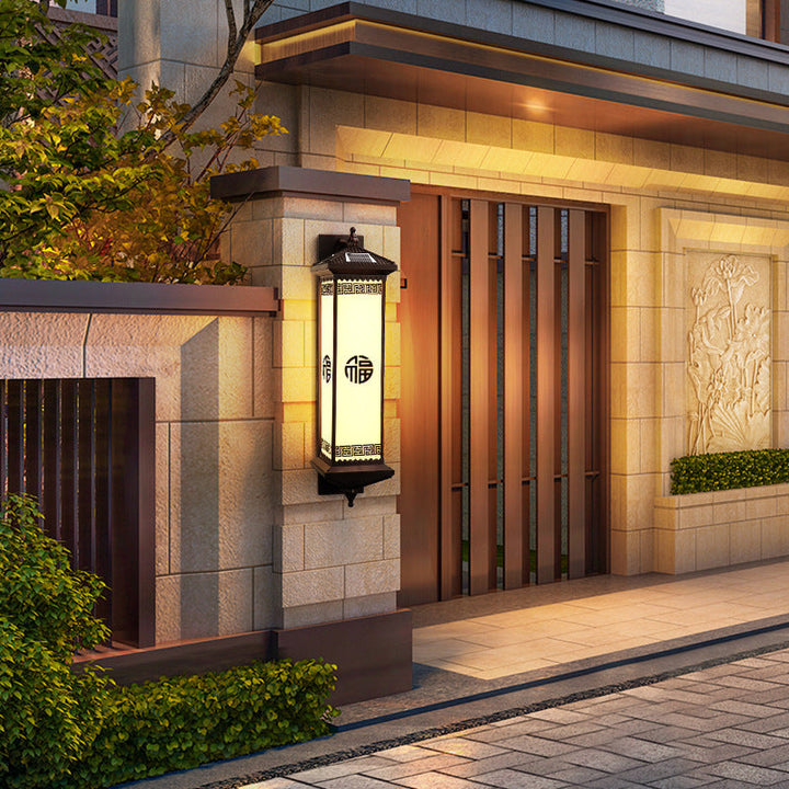 Traditional Chinese Solar Waterproof ABS Aluminum Glass Rectangular Happiness Wealth Pattern LED Wall Sconce Lamp For Outdoor Patio | Bowlift
