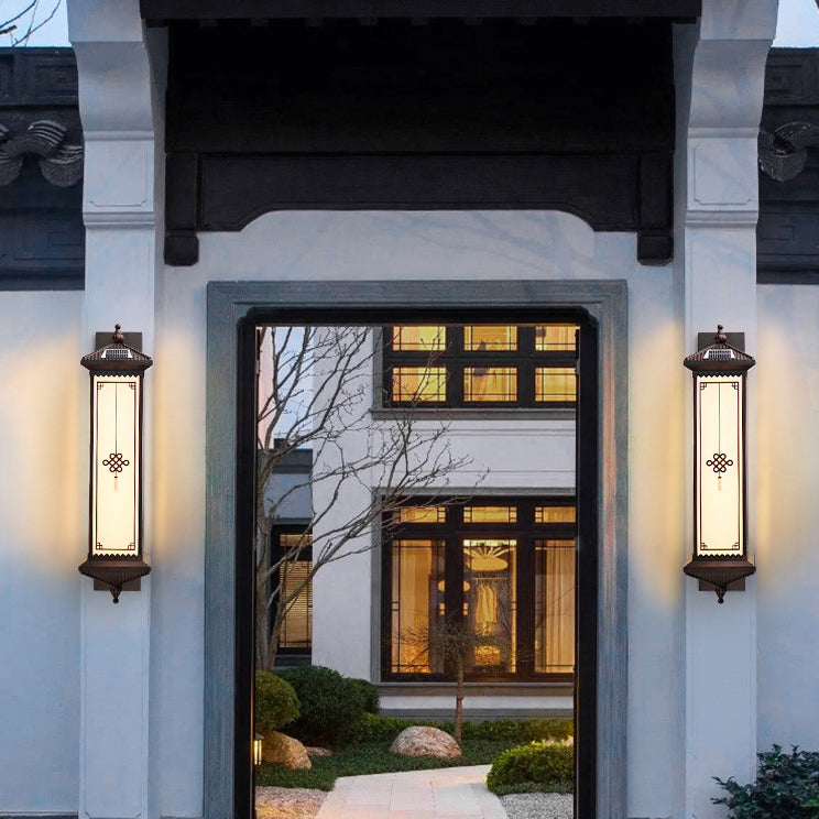 Traditional Chinese Solar Waterproof ABS Aluminum Glass Rectangular Happiness Wealth Pattern LED Wall Sconce Lamp For Outdoor Patio | Bowlift