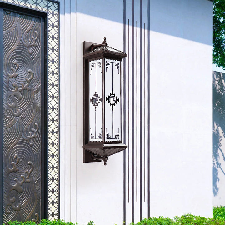 Traditional Chinese Solar Waterproof ABS Aluminum Glass Rectangular Happiness Wealth Pattern LED Wall Sconce Lamp For Outdoor Patio | Bowlift