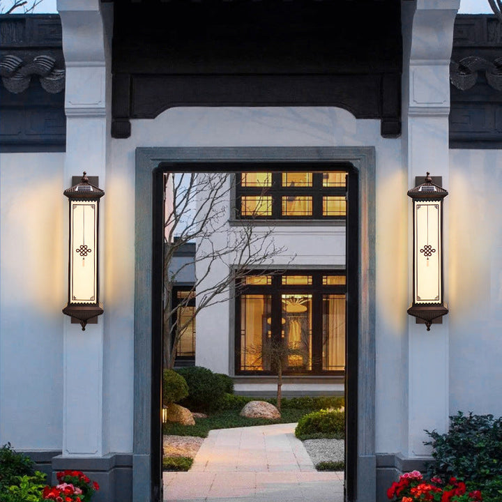 Traditional Chinese Solar Waterproof ABS Aluminum Glass Rectangular Happiness Wealth Pattern LED Wall Sconce Lamp For Outdoor Patio | Bowlift