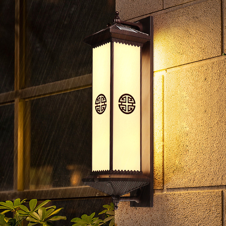 Traditional Chinese Solar Waterproof ABS Aluminum Glass Rectangular Happiness Wealth Pattern LED Wall Sconce Lamp For Outdoor Patio | Bowlift