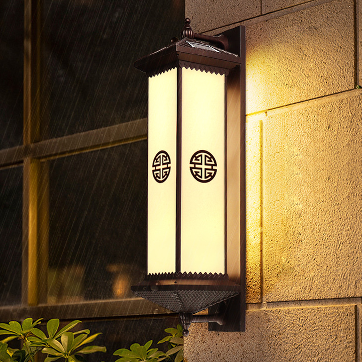 Traditional Chinese Solar Waterproof ABS Aluminum Glass Rectangular Happiness Wealth Pattern LED Wall Sconce Lamp For Outdoor Patio | Bowlift