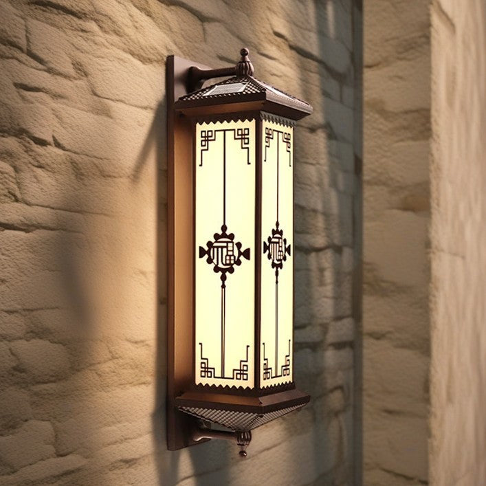 Traditional Chinese Solar Waterproof ABS Aluminum Glass Rectangular Happiness Wealth Pattern LED Wall Sconce Lamp For Outdoor Patio | Bowlift