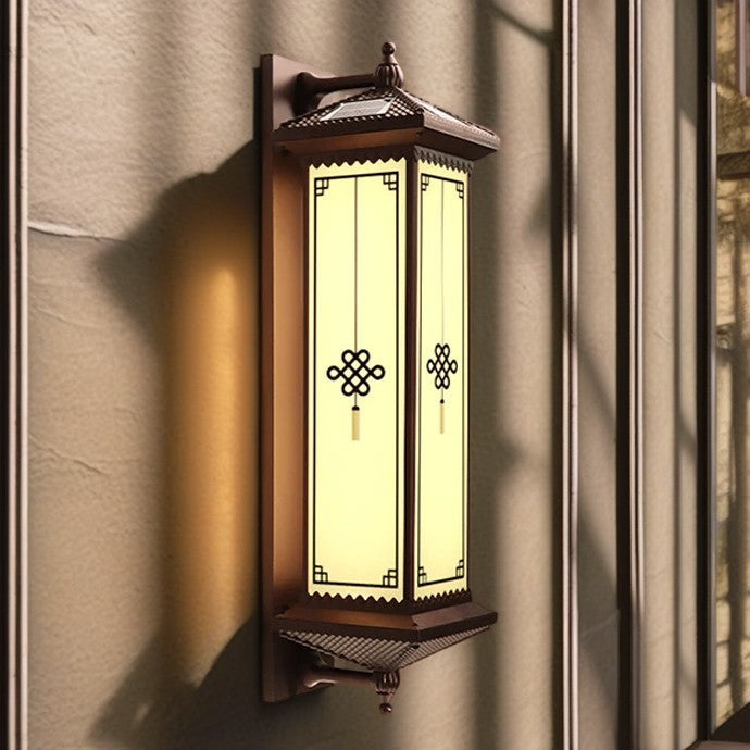 Traditional Chinese Solar Waterproof ABS Aluminum Glass Rectangular Happiness Wealth Pattern LED Wall Sconce Lamp For Outdoor Patio | Bowlift