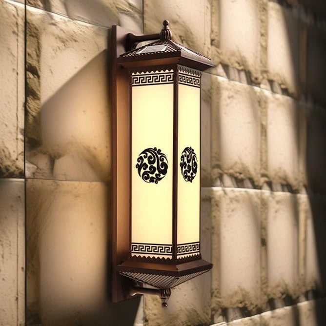 Traditional Chinese Solar Waterproof ABS Aluminum Glass Rectangular Happiness Wealth Pattern LED Wall Sconce Lamp For Outdoor Patio | Bowlift