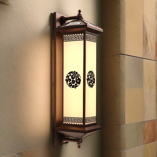 Traditional Chinese Solar Waterproof ABS Aluminum Glass Rectangular Happiness Wealth Pattern LED Wall Sconce Lamp For Outdoor Patio | Bowlift