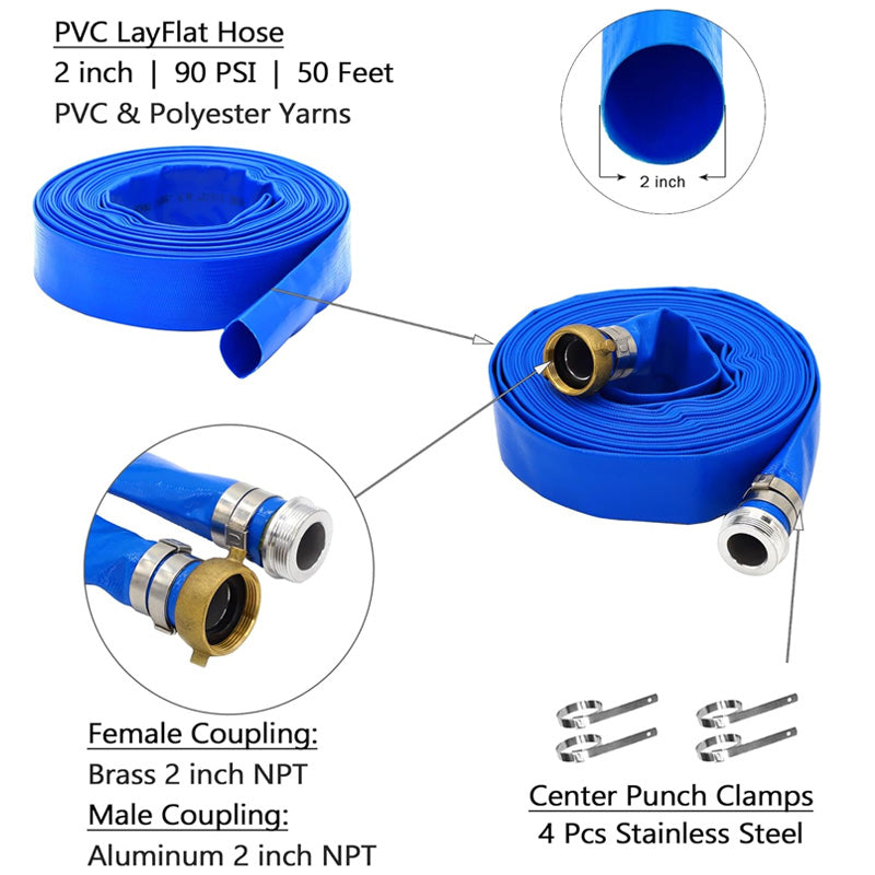 BowLift | 2 Inch ID × 50 Feet Pool Backwash Hose, Blue PVC Lay Flat Drain Pump Hose For Swimming Pool Draining And Cleaning Filter