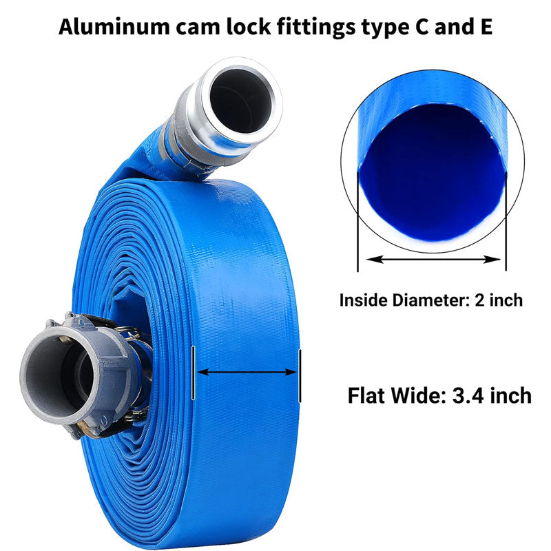 BowLift | 2" x 100' PVC Lay Flat Drain Hose For Swimming Pool Wastewater Drain, Blue