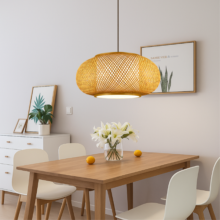 BowLift | Bamboo Hanging Lamp with Height Adjustment – Modern Lamp for Living Room and Dining Room, Soft LED Light