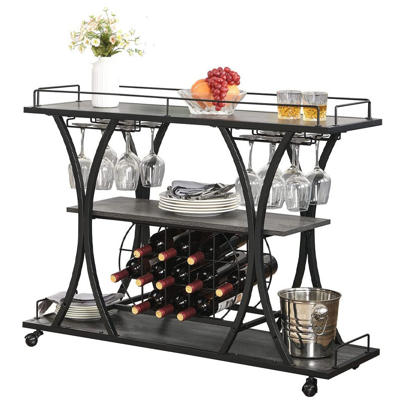 BowLift | Mobile Freestanding Shelf with Wine Glass Holder, 3 Tier Wine Rack Trolley