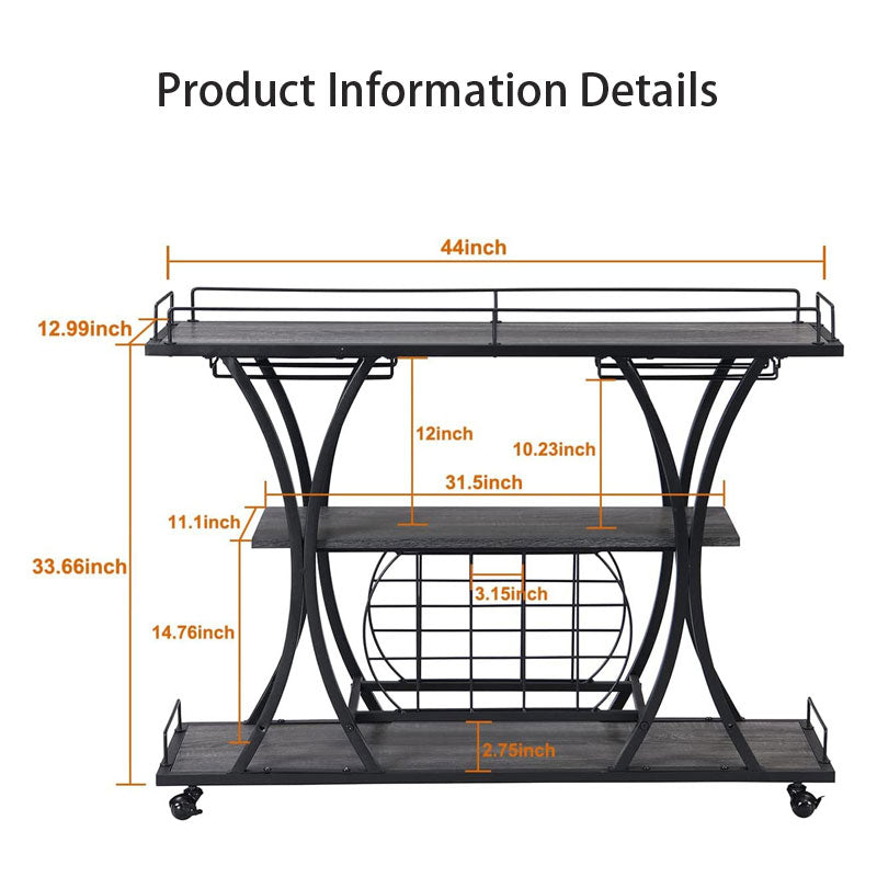 BowLift | Mobile Freestanding Shelf with Wine Glass Holder, 3 Tier Wine Rack Trolley