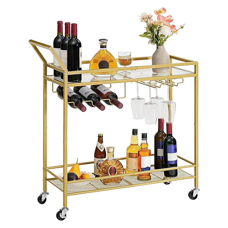 BowLift | 2-Tier Bar Cart Kitchen Cart with Wine Rack and Glass Holder Serving Cart with Wheels and Guard Rails for Dining Room, Living Room, Party, Bar,