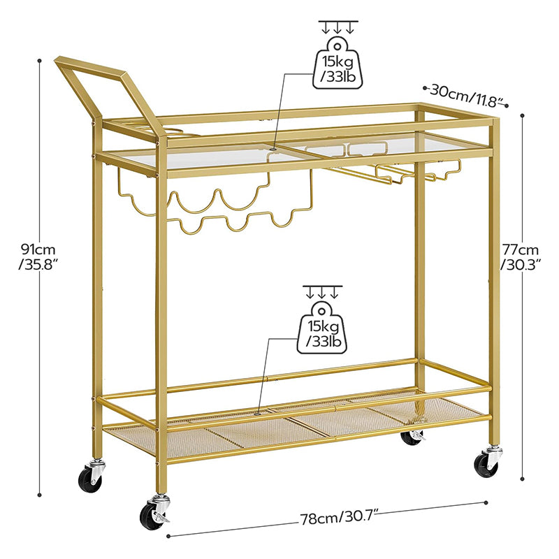 BowLift | 2-Tier Bar Cart Kitchen Cart with Wine Rack and Glass Holder Serving Cart with Wheels and Guard Rails for Dining Room, Living Room, Party, Bar,