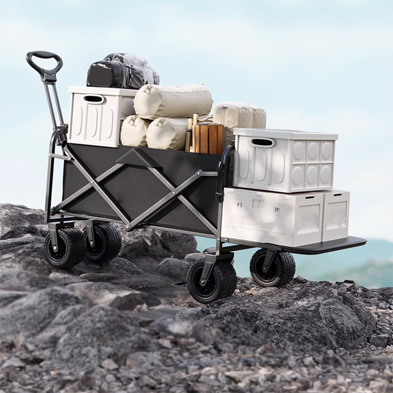 BowLift | Large Black Double Brake Airplane Wheels 16cm Beach Cart, Large Wood Grain Steel Table Top