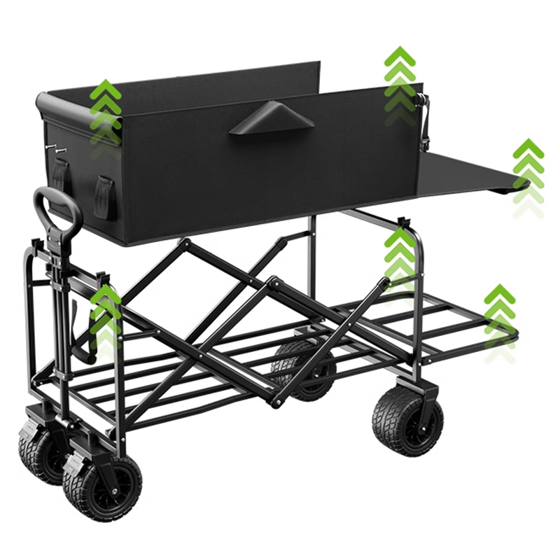 BowLift | Large Black Double Brake Airplane Wheels 16cm Beach Cart, Large Wood Grain Steel Table Top
