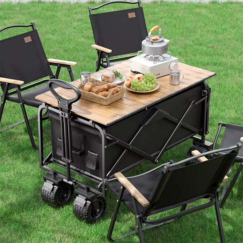 BowLift | Large Black Double Brake Airplane Wheels 16cm Beach Cart, Large Wood Grain Steel Table Top