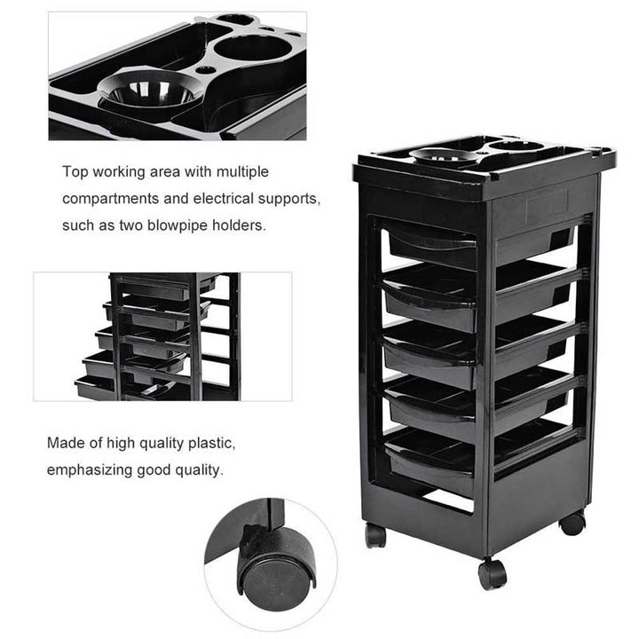 BowLift | Hairdressing Trolley With 5 Layers, Hair Dye Bowl And Hair Dryer Holder, 360 Degree Rotatable Storage