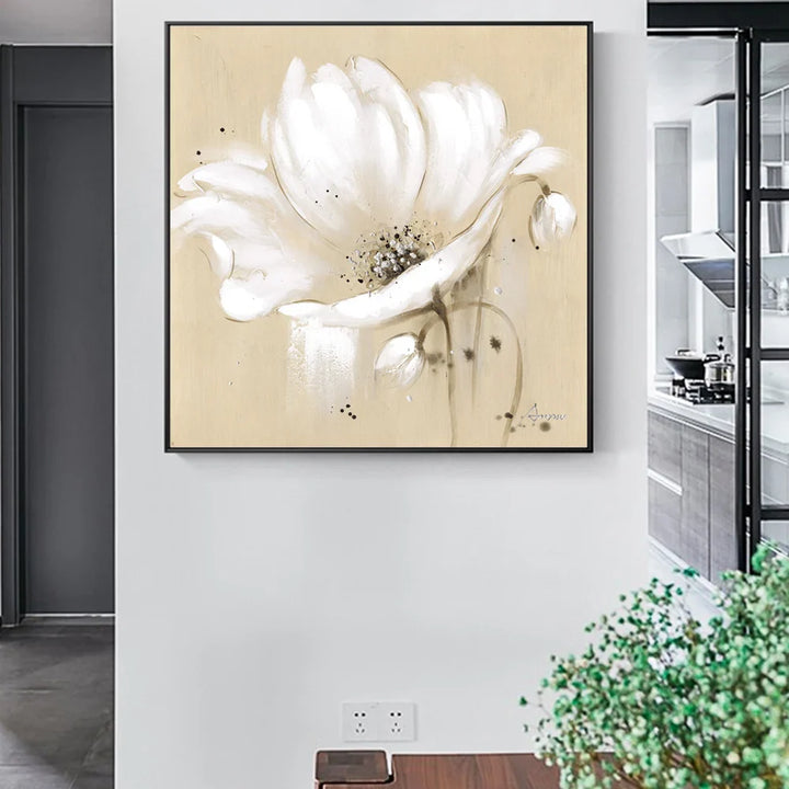 Beige White Petal Flower Wall Art Fine Art Canvas Prints Modern Botanical Square Format Floral Pictures For Living Room Bedroom Decor | Bowlift