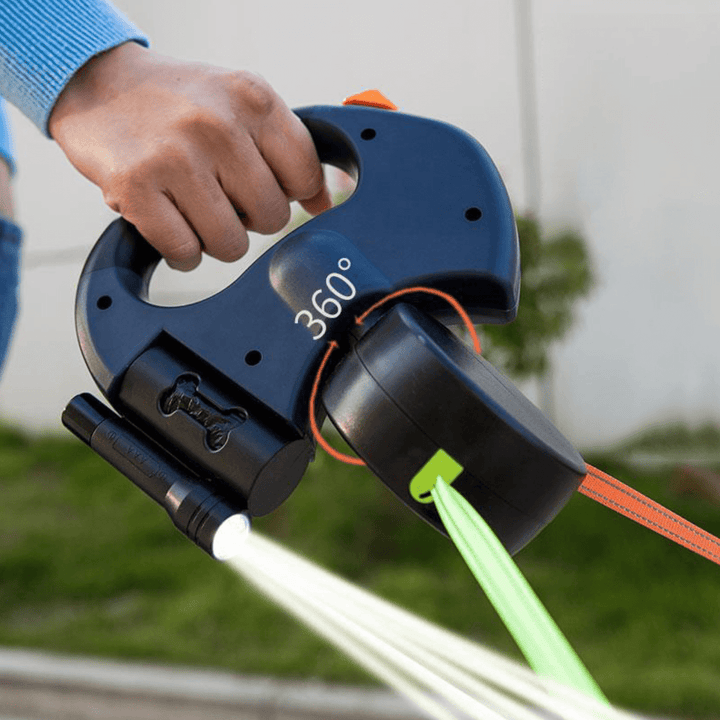 BowLift | DoubleDog Retractable Dual Dog Lead with Anti-Tangle Swivel & Built-in Torch – 4m Extendable for Two Dogs