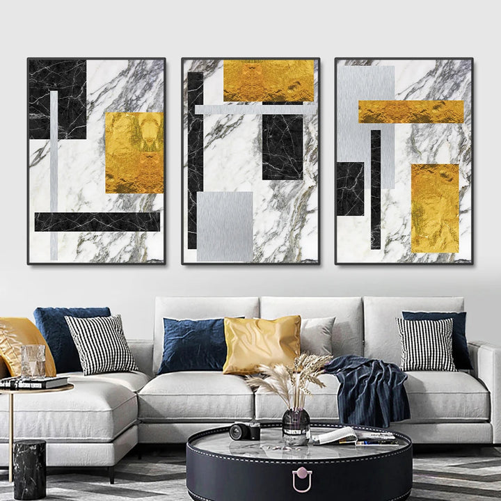 Black Golden Block Marble Abstract Wall Art Fine Art Canvas Prints Modern Geometric Pictures For Living Room Home Office Art Decor | Bowlift