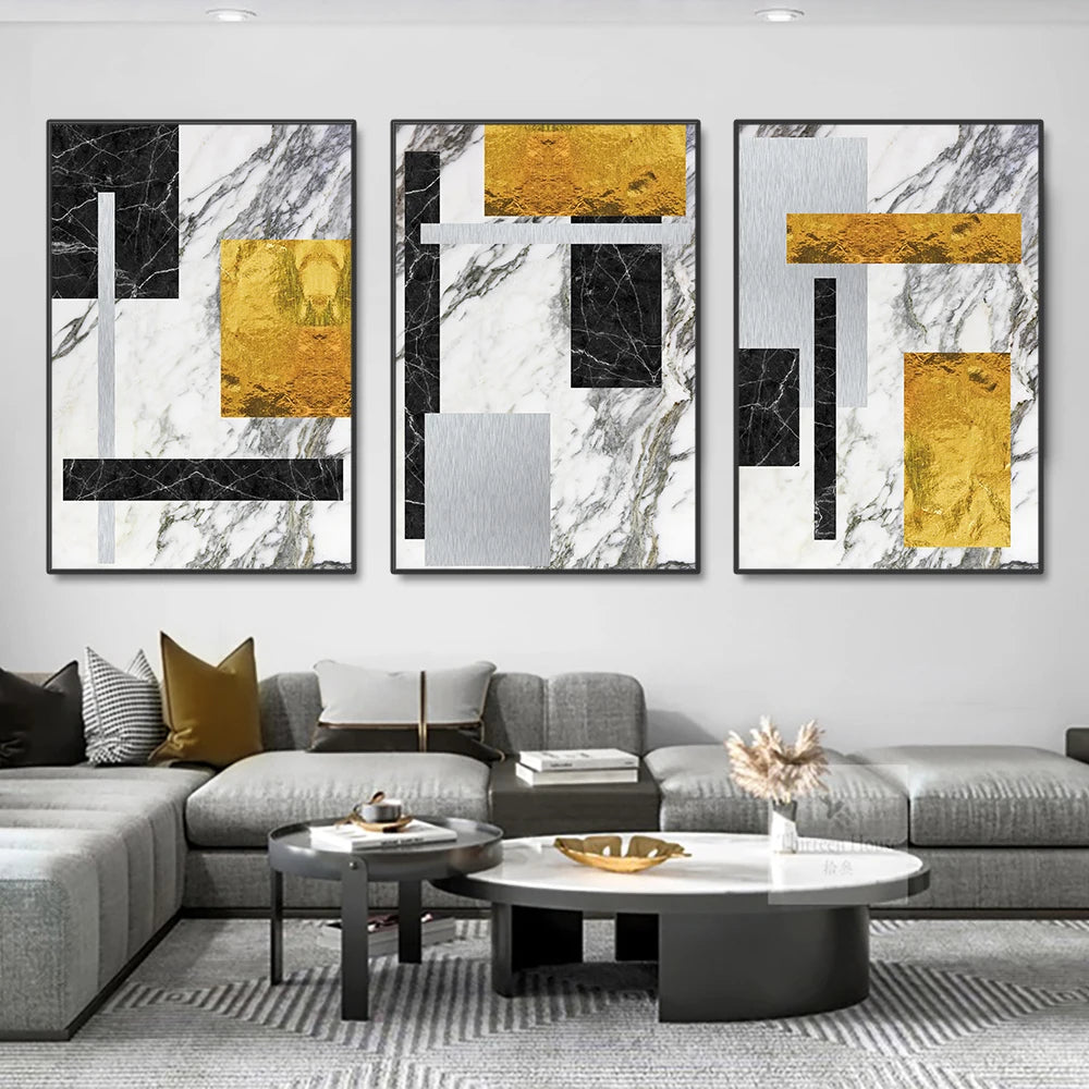 Black Golden Block Marble Abstract Wall Art Fine Art Canvas Prints Modern Geometric Pictures For Living Room Home Office Art Decor | Bowlift