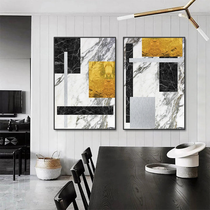 Black Golden Block Marble Abstract Wall Art Fine Art Canvas Prints Modern Geometric Pictures For Living Room Home Office Art Decor | Bowlift