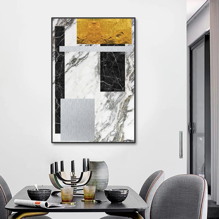 Black Golden Block Marble Abstract Wall Art Fine Art Canvas Prints Modern Geometric Pictures For Living Room Home Office Art Decor | Bowlift