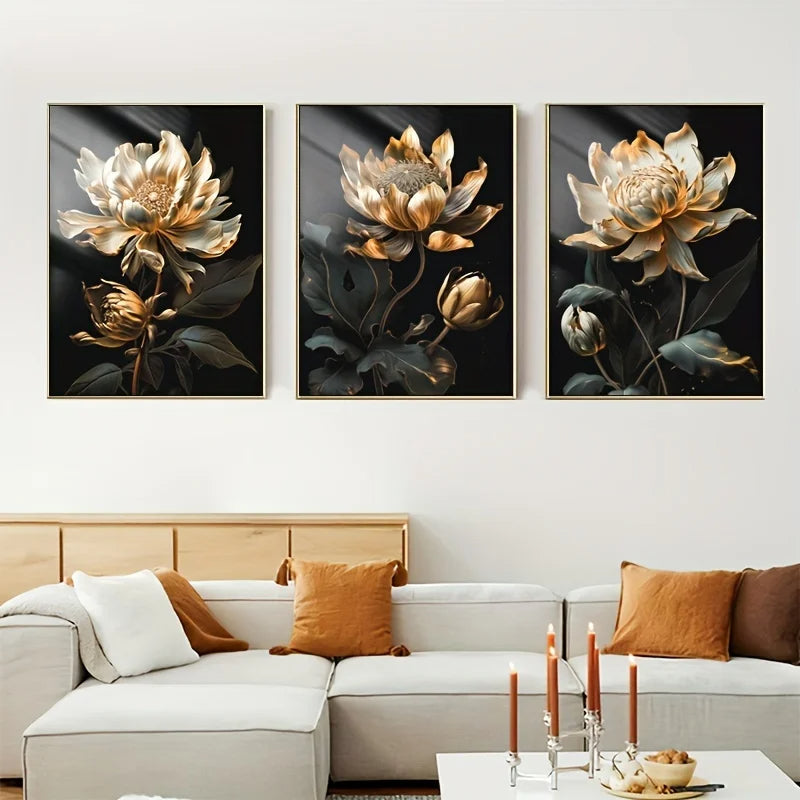 Black Golden Floral Wall Art Fine Art Canvas Prints Modern Botanical Pictures For Living Room Bedroom Light Luxury Home Decor | Bowlift