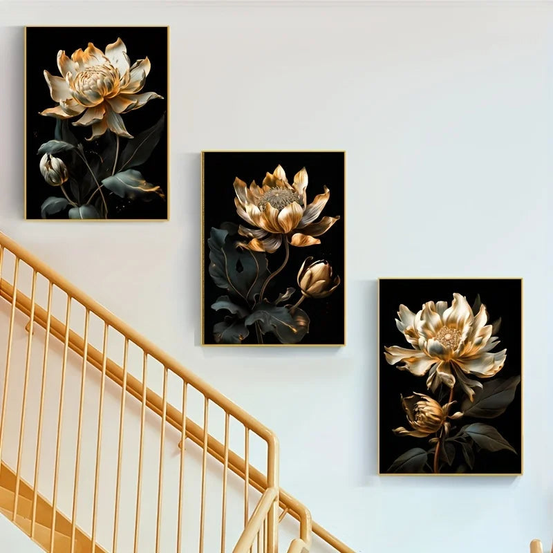 Black Golden Floral Wall Art Fine Art Canvas Prints Modern Botanical Pictures For Living Room Bedroom Light Luxury Home Decor | Bowlift