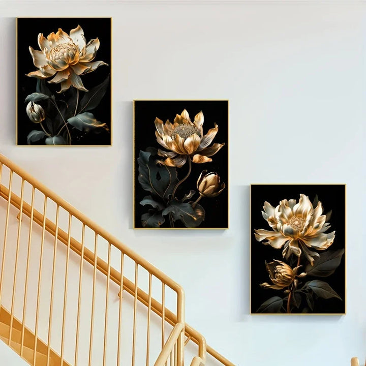 Black Golden Floral Wall Art Fine Art Canvas Prints Modern Botanical Pictures For Living Room Bedroom Light Luxury Home Decor | Bowlift
