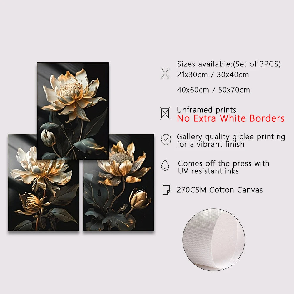 Black Golden Floral Wall Art Fine Art Canvas Prints Modern Botanical Pictures For Living Room Bedroom Light Luxury Home Decor | Bowlift