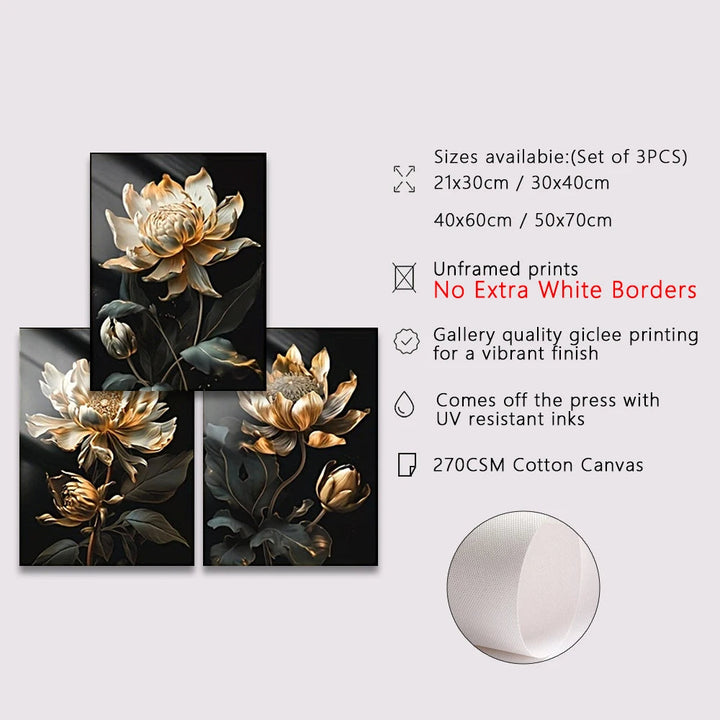 Black Golden Floral Wall Art Fine Art Canvas Prints Modern Botanical Pictures For Living Room Bedroom Light Luxury Home Decor | Bowlift