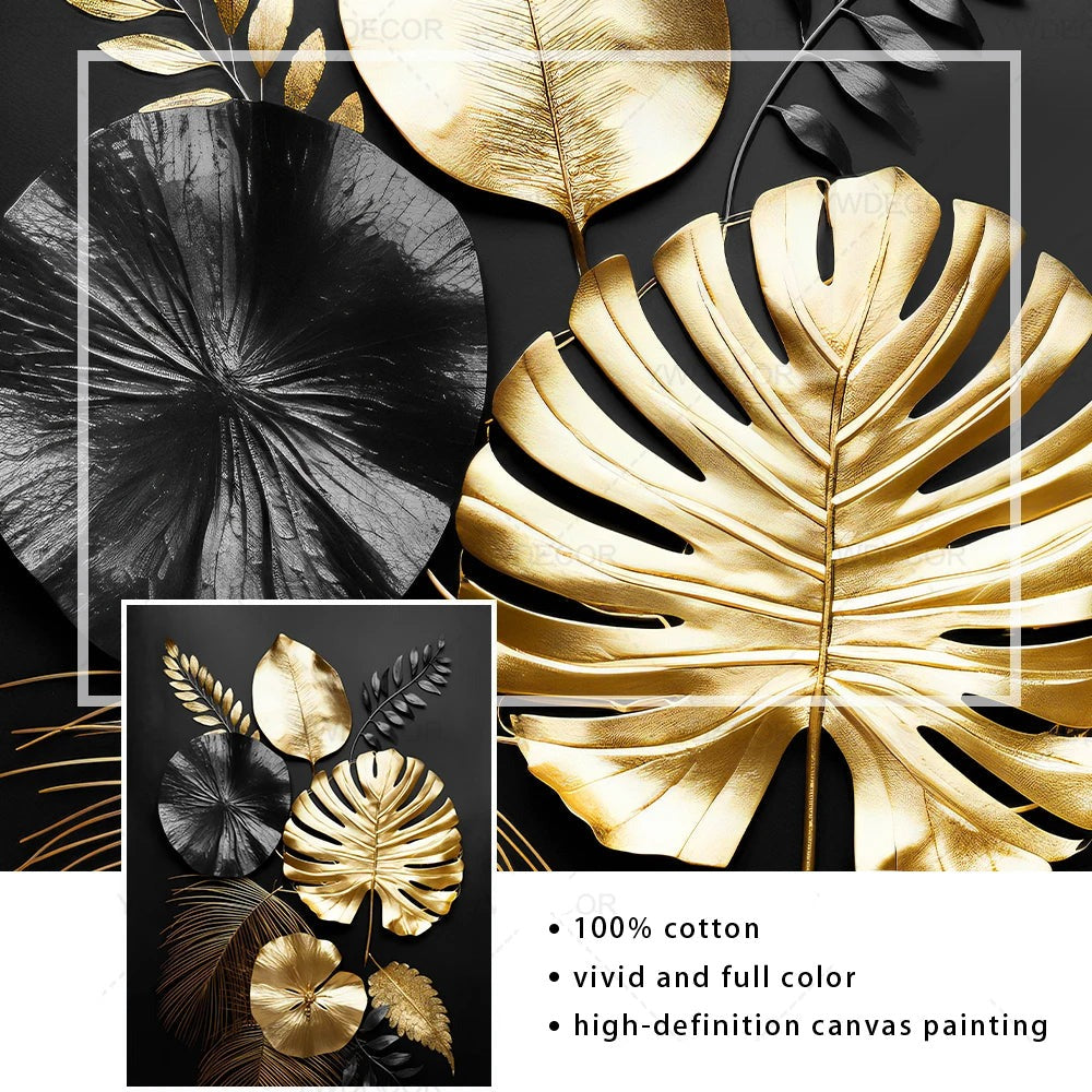 Black Golden Tropical Leaves Wall Art Fine Art Canvas Prints Modern Botanical Pictures For Luxury Living Room Dining Room Home Office Decor | Bowlift
