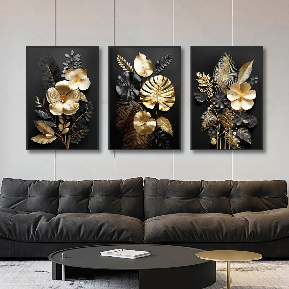 Black Golden Tropical Leaves Wall Art Fine Art Canvas Prints Modern Botanical Pictures For Luxury Living Room Dining Room Home Office Decor | Bowlift