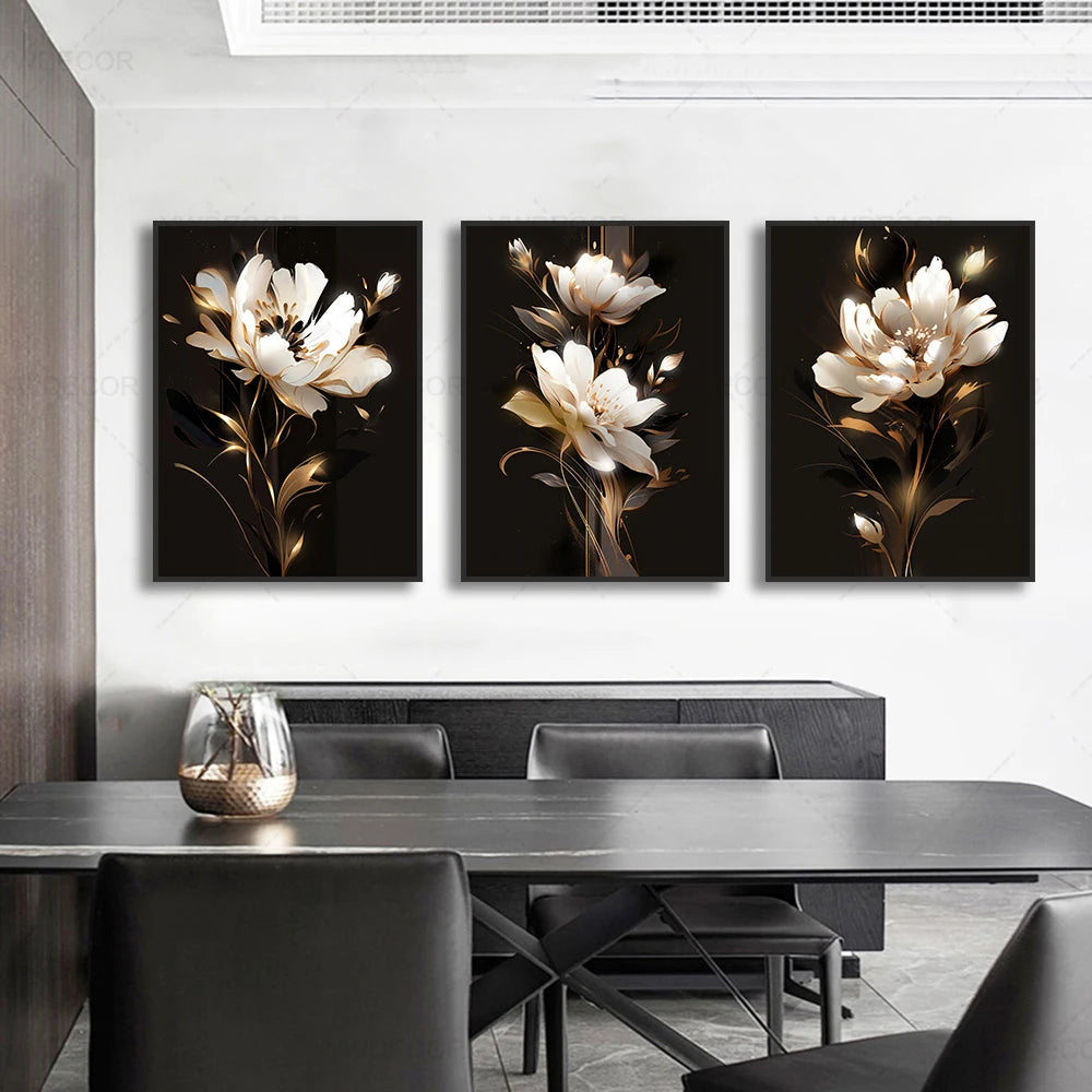 Black Golden Tropical Leaves Wall Art Fine Art Canvas Prints Modern Botanical Pictures For Luxury Living Room Dining Room Home Office Decor | Bowlift
