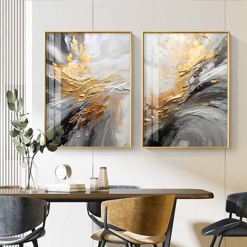 Black Gray Golden Storm Thick Brush Paint Canvas Print Wall Art Fine Art Giclee Print Pictures For Luxury Living Room Hotel Room Home Office Decor | Bowlift