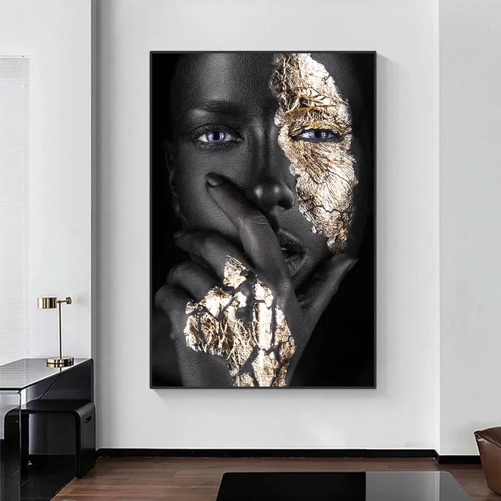 Black Golden African Woman Poster Wall Art Fine Art Canvas Print Portrait Picture For Modern Apartment Living Room Interior Design | Bowlift
