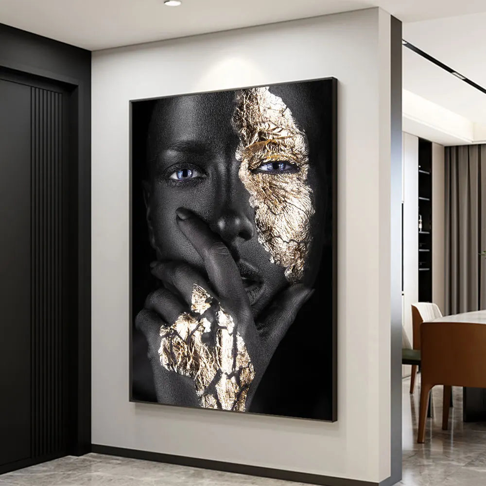 Black Golden African Woman Poster Wall Art Fine Art Canvas Print Portrait Picture For Modern Apartment Living Room Interior Design | Bowlift