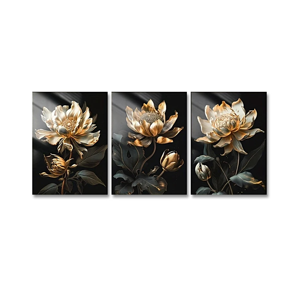Black Golden Floral Wall Art Fine Art Canvas Prints Modern Botanical Pictures For Living Room Bedroom Light Luxury Home Decor | Bowlift