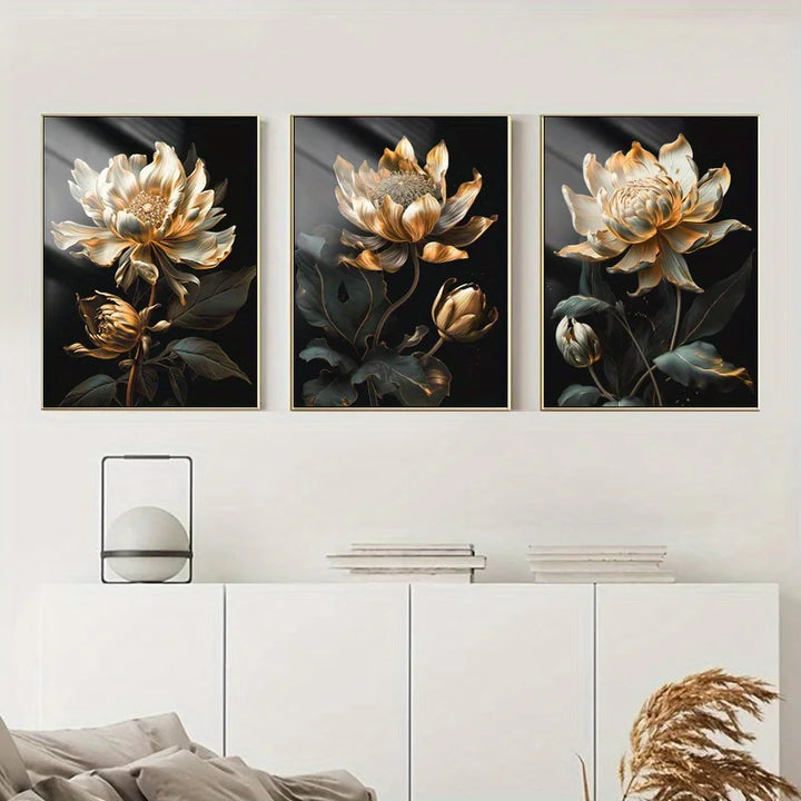 Black Golden Floral Wall Art Fine Art Canvas Prints Modern Botanical Pictures For Living Room Bedroom Light Luxury Home Decor | Bowlift