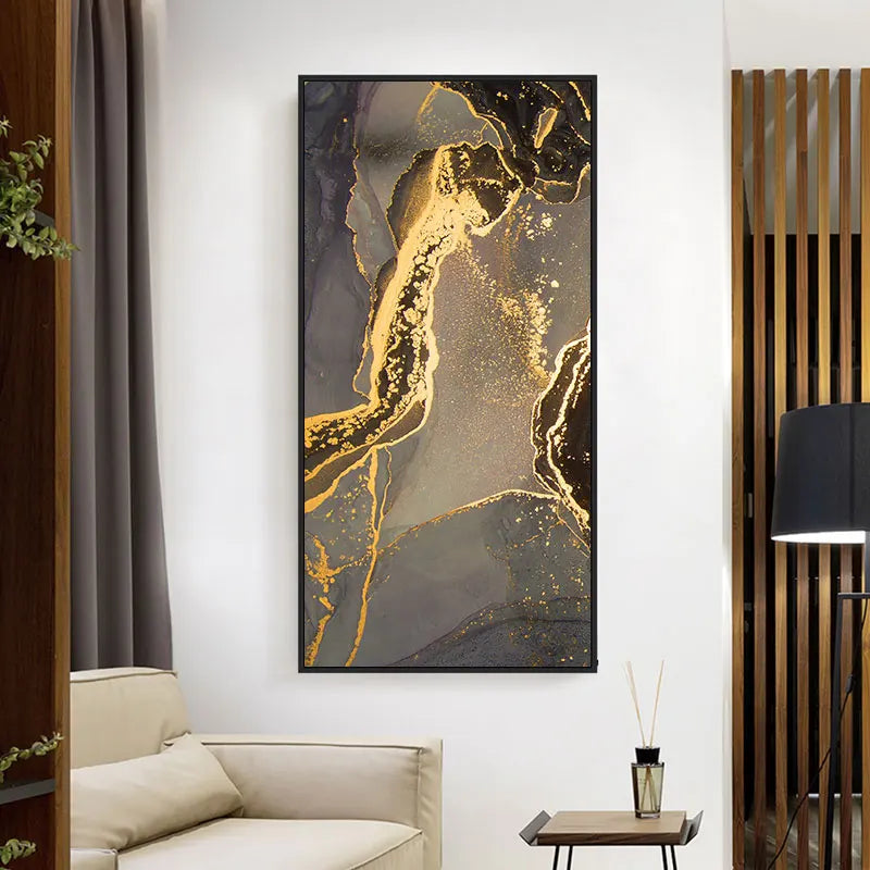 Black Golden Line Marble Print Wall Art Fine Art Canvas Prints Tall Vertical Rectangle Artwork Pictures For Living Room Light Luxury Home Decor | Bowlift