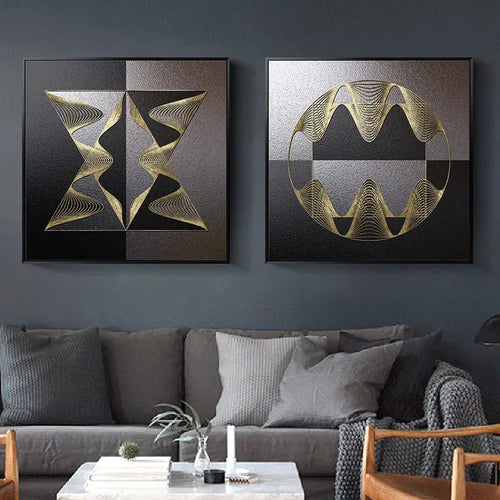 Black Golden Spherical Abstract Geometric Wall Art Fine Art Canvas Prints Modern Aesthetics Square Format Pictures For Living Room Home Office Decor | Bowlift