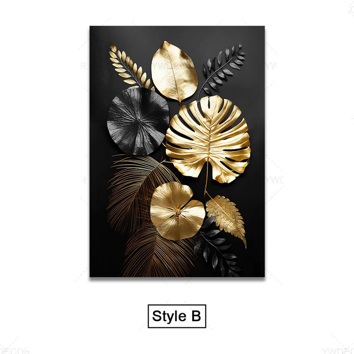 Black Golden Tropical Leaves Wall Art Fine Art Canvas Prints Modern Botanical Pictures For Luxury Living Room Dining Room Home Office Decor | Bowlift