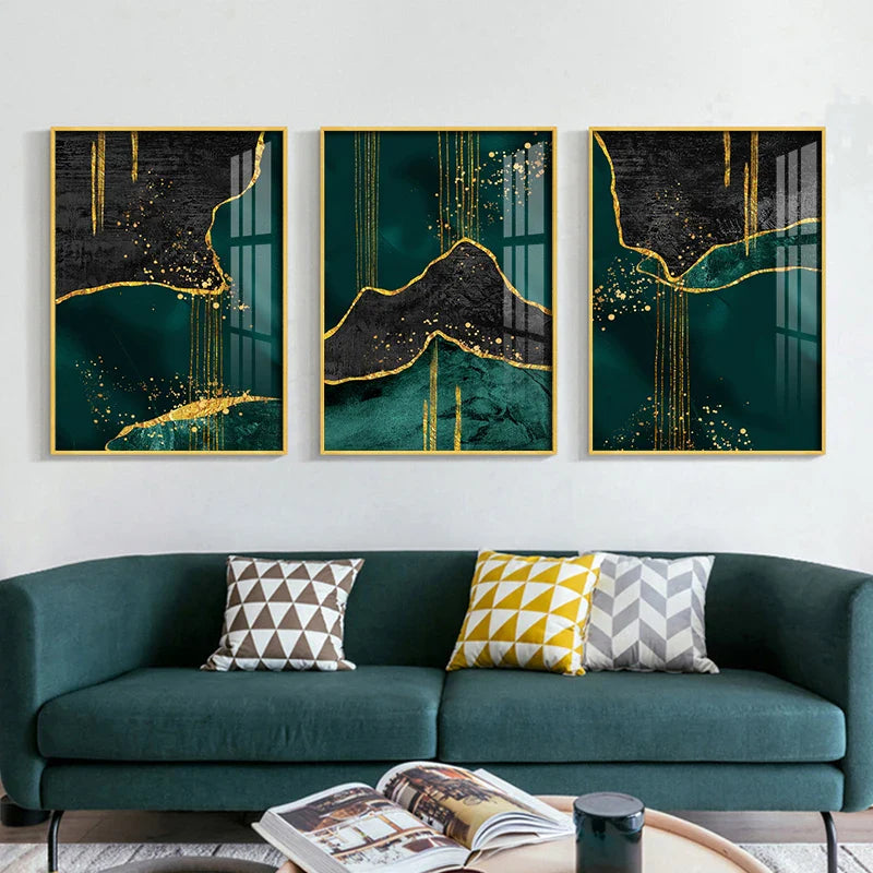 Black Green Golden Liquid Marble Print Wall Art Fine Art Canvas Prints Pictures For Living Room Dining Room Light Luxury Home Decor | Bowlift