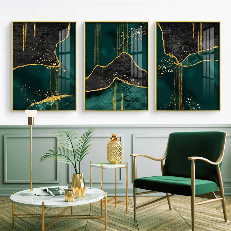 Black Green Golden Liquid Marble Print Wall Art Fine Art Canvas Prints Pictures For Living Room Dining Room Light Luxury Home Decor | Bowlift