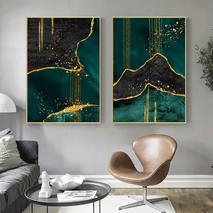 Black Green Golden Liquid Marble Print Wall Art Fine Art Canvas Prints Pictures For Living Room Dining Room Light Luxury Home Decor | Bowlift