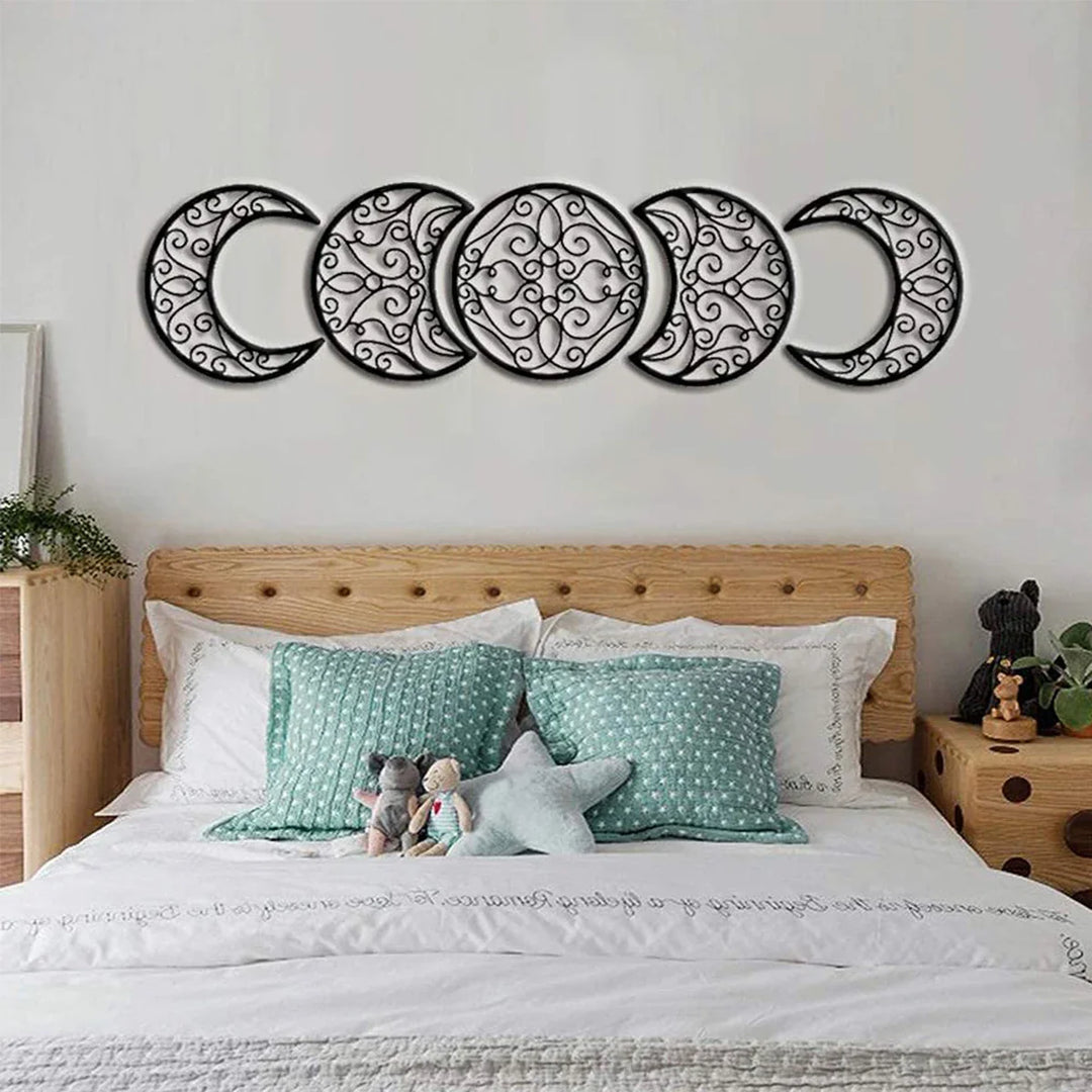 Black Metal Moon Phase Wall Art 3d Iron Craft Wall Mounted Nordic Wall Hanging Decoration For Living Room Dining Room Creative Home Decor - Set of 5Pcs | Bowlift