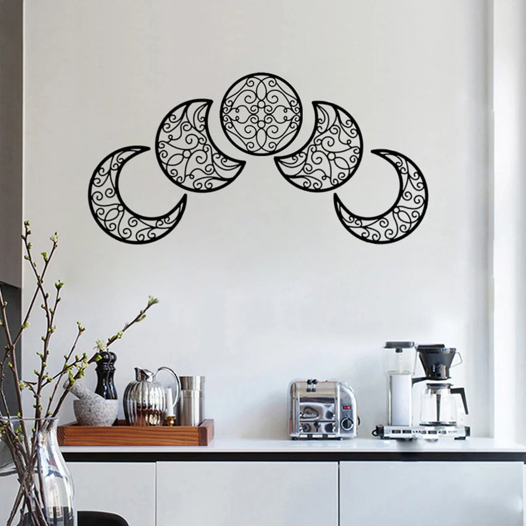 Black Metal Moon Phase Wall Art 3d Iron Craft Wall Mounted Nordic Wall Hanging Decoration For Living Room Dining Room Creative Home Decor - Set of 5Pcs | Bowlift