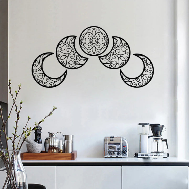 Black Metal Moon Phase Wall Art 3d Iron Craft Wall Mounted Nordic Wall Hanging Decoration For Living Room Dining Room Creative Home Decor - Set of 5Pcs | Bowlift