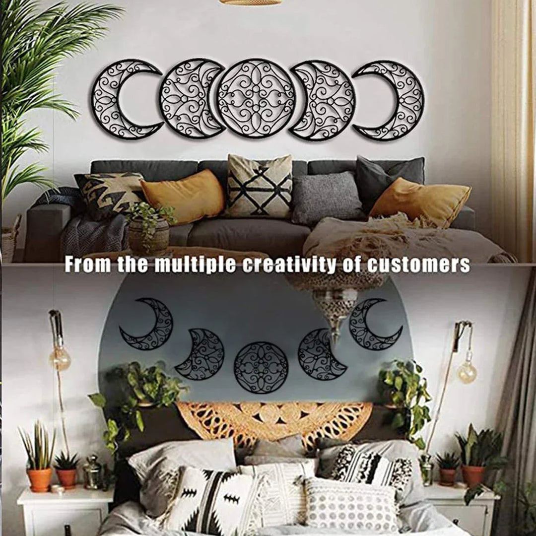 Black Metal Moon Phase Wall Art 3d Iron Craft Wall Mounted Nordic Wall Hanging Decoration For Living Room Dining Room Creative Home Decor - Set of 5Pcs | Bowlift